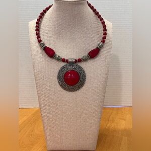 Red Silver Necklace choker style filigree pendant with red stones